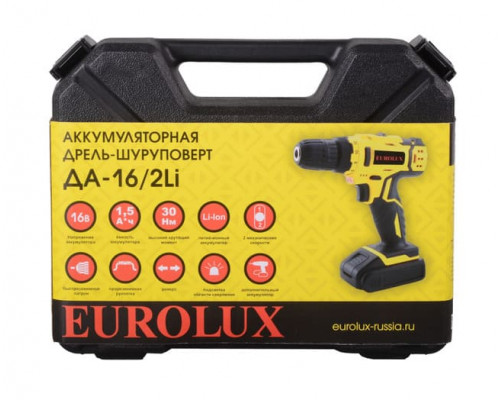 Аккумуляторная дрель-шуруповерт Eurolux ДА-16/2Li, 2 Акб, 16 В, 1.5 А*ч, 2скорости, зар.устр. Гарантия 12 мес.