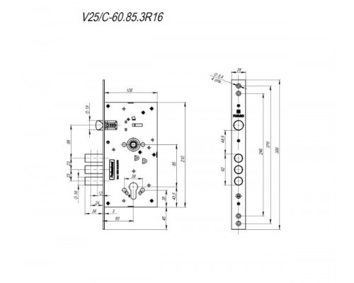 Корпус врезного замка c защёлкой MDV25/C-60.85.3R16 Fuaro (Фуаро)